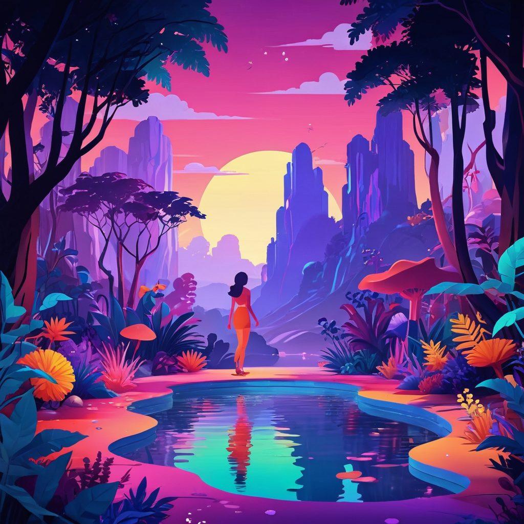 A captivating blend of vibrant animated characters exploring sensual themes in a whimsical digital landscape. Incorporate interactive elements such as glowing pixels and swirling animations that evoke a sense of intimacy and adventure. The scene should be rich in colors and textures, with a balance of playful and alluring elements reflecting the essence of erotic storytelling. The background can feature abstract shapes and soft gradients to enhance the mood. 3D, vibrant colors, pixel art.