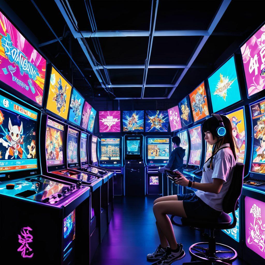 A vibrant illustration depicting the fusion of anime culture and adult gaming trends, featuring a dynamic character in an anime style engrossed in a colorful, immersive gaming experience. Surrounding the character are elements showcasing various adult game genres influenced by anime, such as fantasy and sci-fi motifs. Integrate a bustling arcade environment in the background filled with glowing screens and Japanese pop culture references. The atmosphere should radiate energy and creativity. vibrant colors. digital art. high contrast.